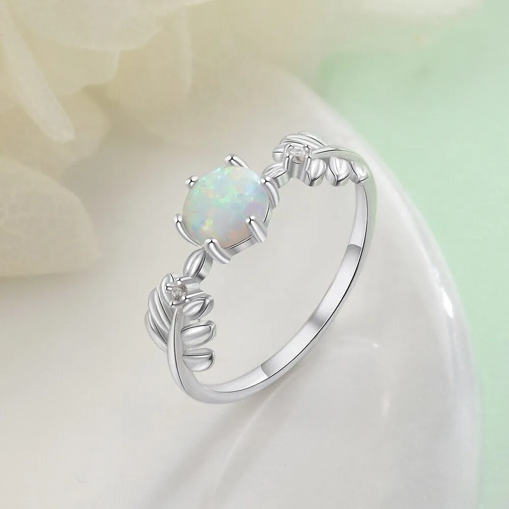 Cute Branch Leaf White Opal Ring - 925 Sterling Silver