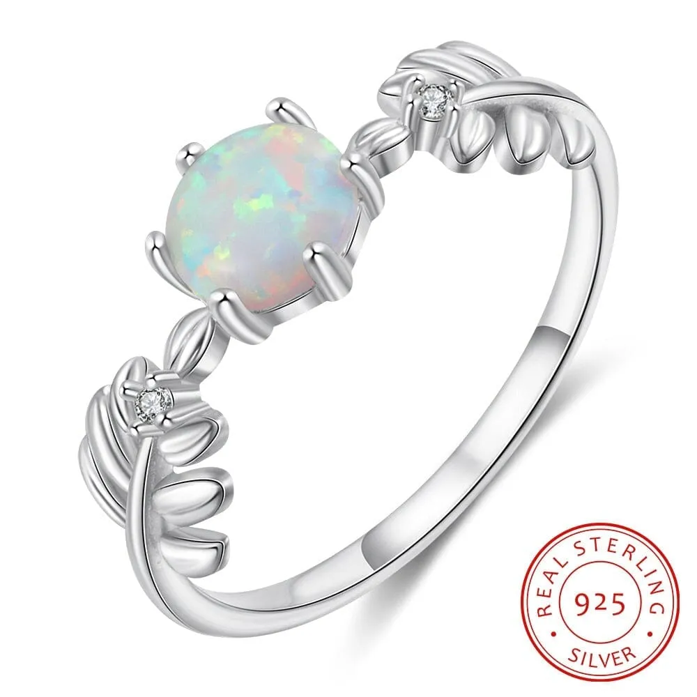 Cute Branch Leaf White Opal Ring - 925 Sterling Silver