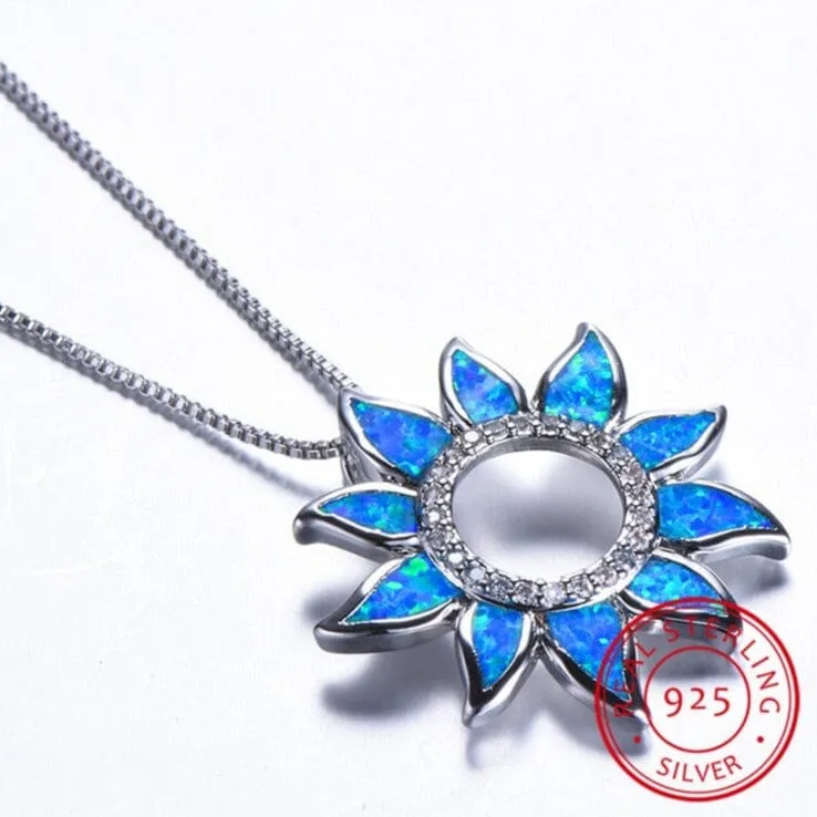 Cute Sunflower White/Blue Fire Opal Necklace - S925 Sterling Silver