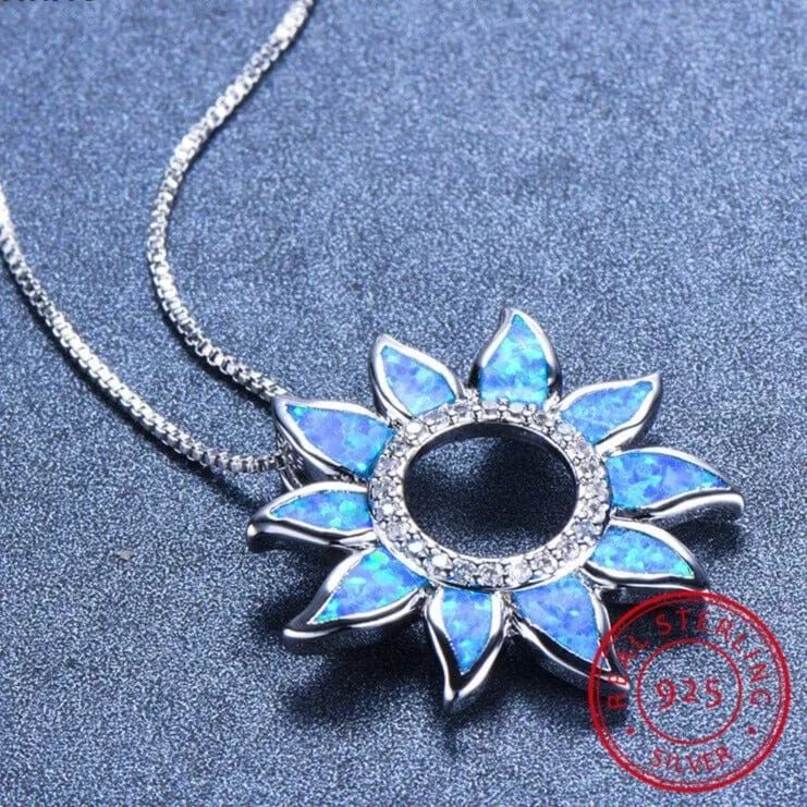 Cute Sunflower White/Blue Fire Opal Necklace - S925 Sterling Silver