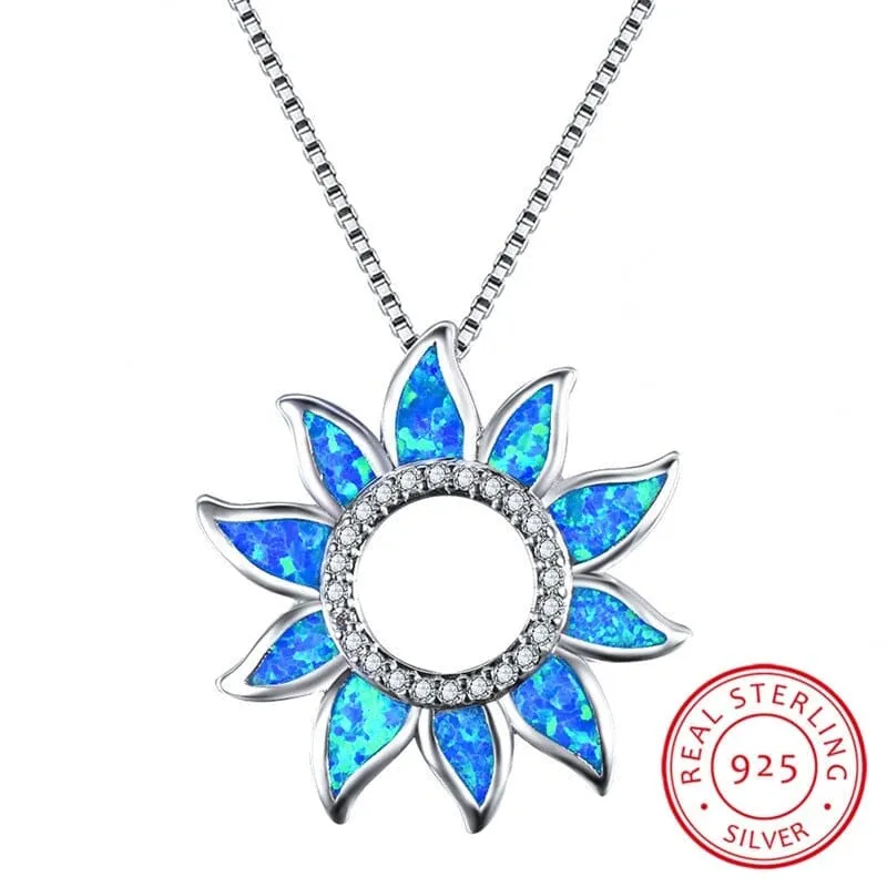 Cute Sunflower White/Blue Fire Opal Necklace - S925 Sterling Silver