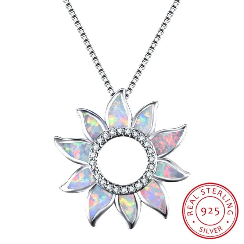 Cute Sunflower White/Blue Fire Opal Necklace - S925 Sterling Silver