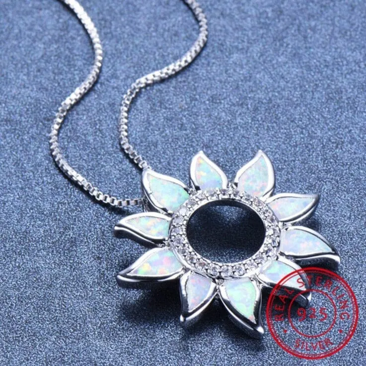 Cute Sunflower White/Blue Fire Opal Necklace - S925 Sterling Silver