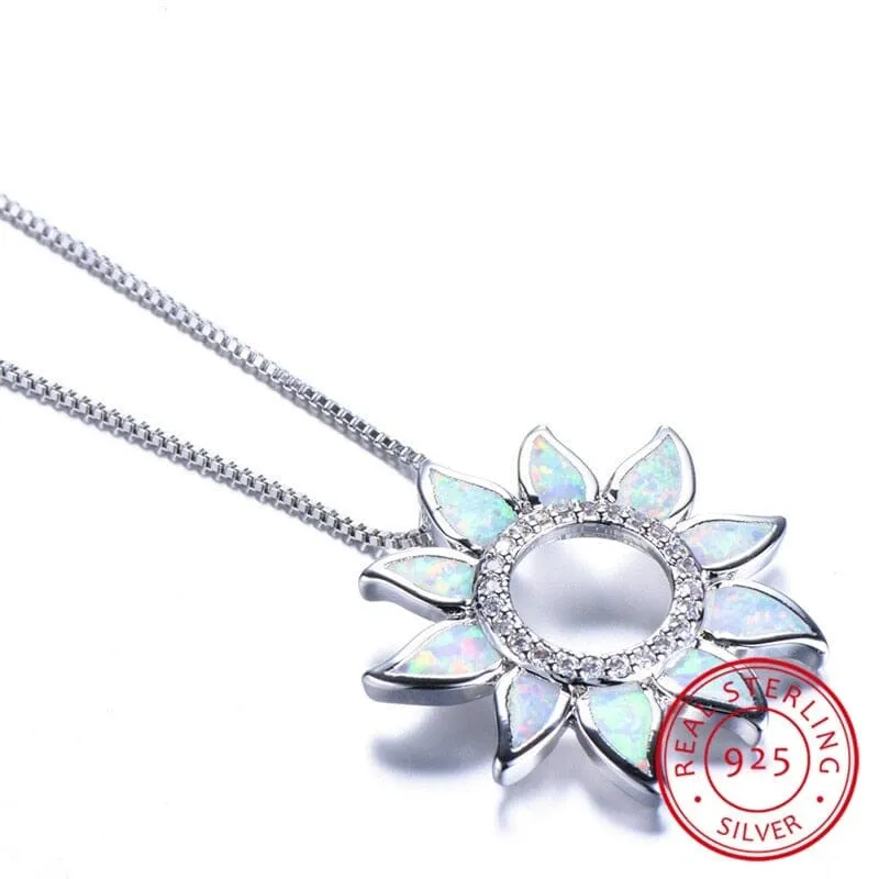 Cute Sunflower White/Blue Fire Opal Necklace - S925 Sterling Silver