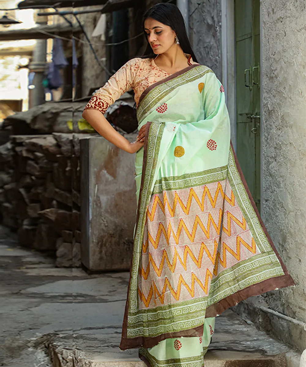 Cyan green brown cotton hand block sanganeri printed saree