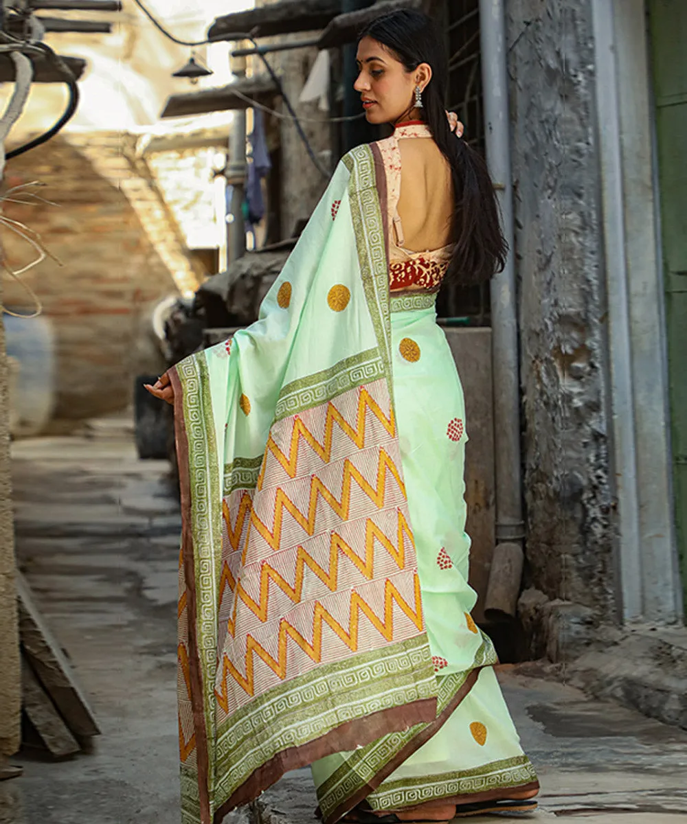 Cyan green brown cotton hand block sanganeri printed saree