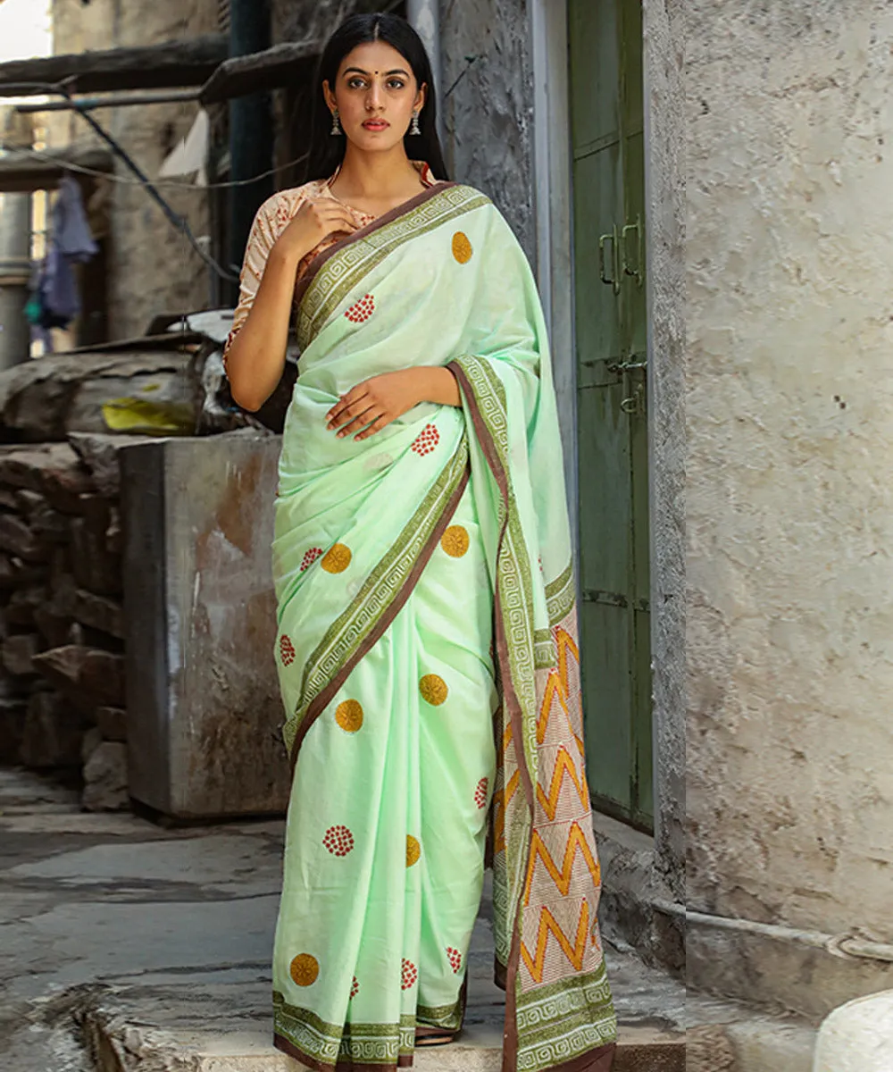 Cyan green brown cotton hand block sanganeri printed saree