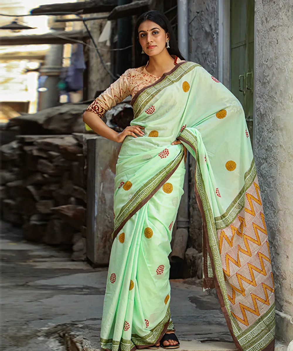 Cyan green brown cotton hand block sanganeri printed saree