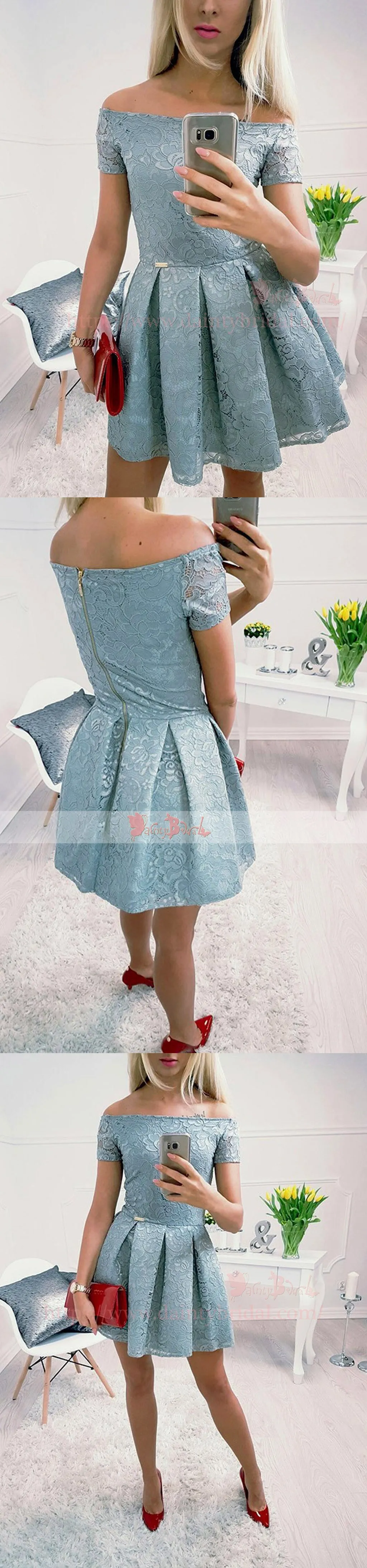 Dusty Blue Off Shoulder Lace Homecoming Dresses,BD0171