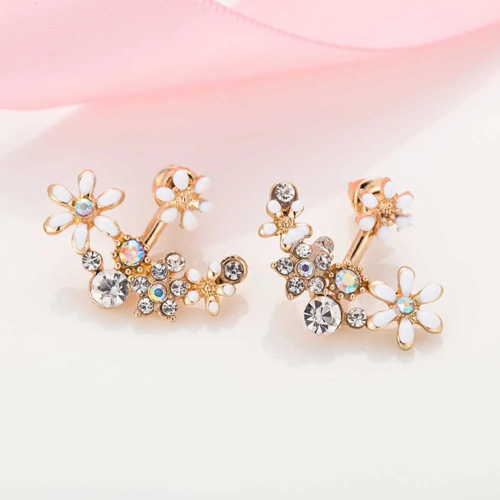 Enamel Flowers & Crystal Ear Jacket Style Stud Earrings - 3 Colors