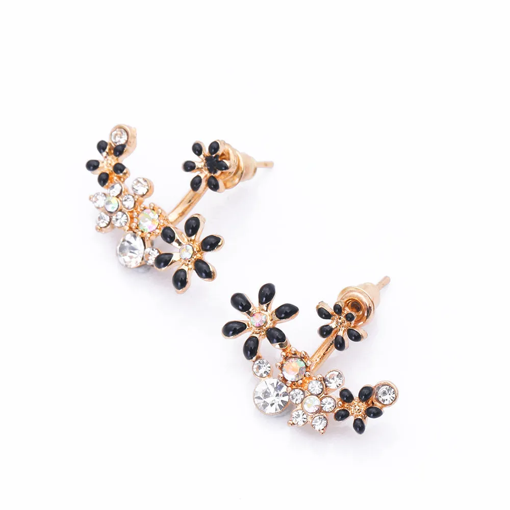 Enamel Flowers & Crystal Ear Jacket Style Stud Earrings - 3 Colors