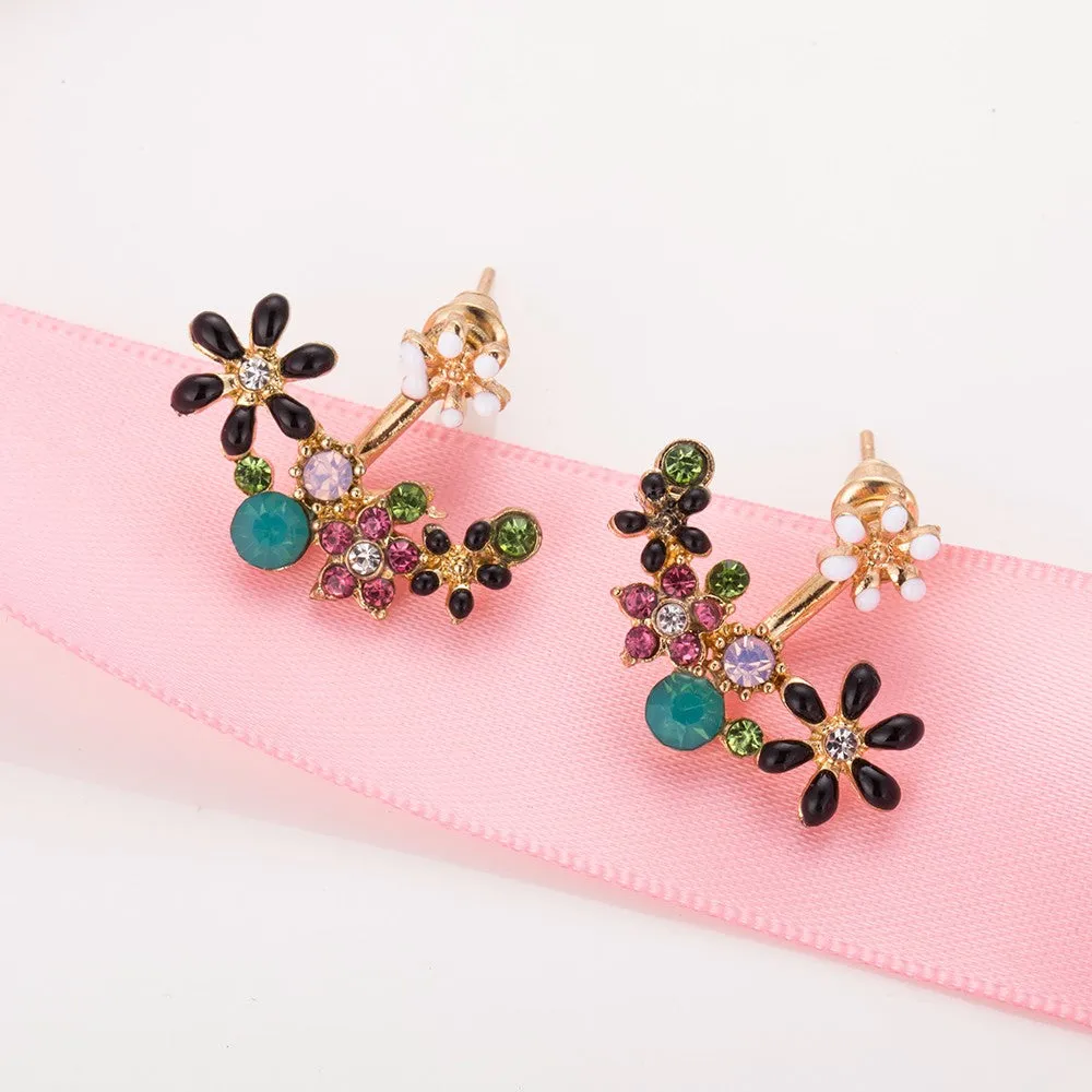 Enamel Flowers & Crystal Ear Jacket Style Stud Earrings - 3 Colors