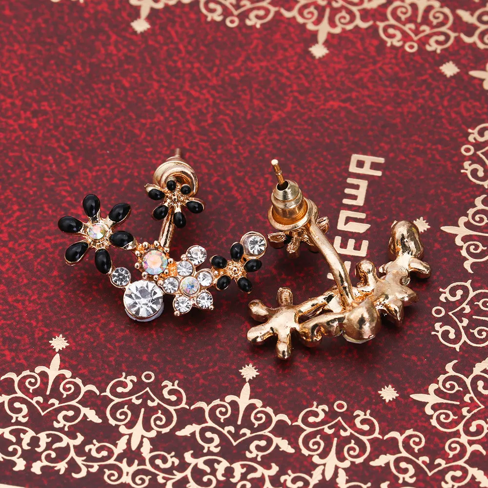 Enamel Flowers & Crystal Ear Jacket Style Stud Earrings - 3 Colors