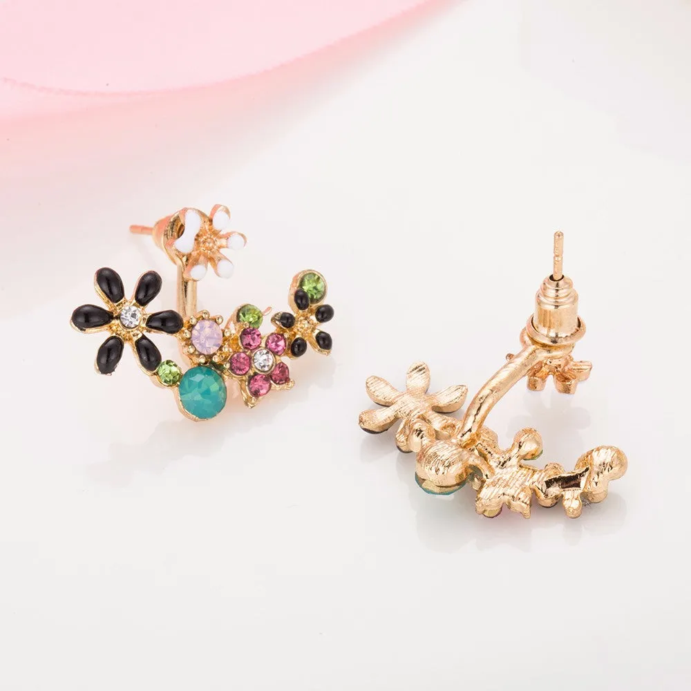 Enamel Flowers & Crystal Ear Jacket Style Stud Earrings - 3 Colors