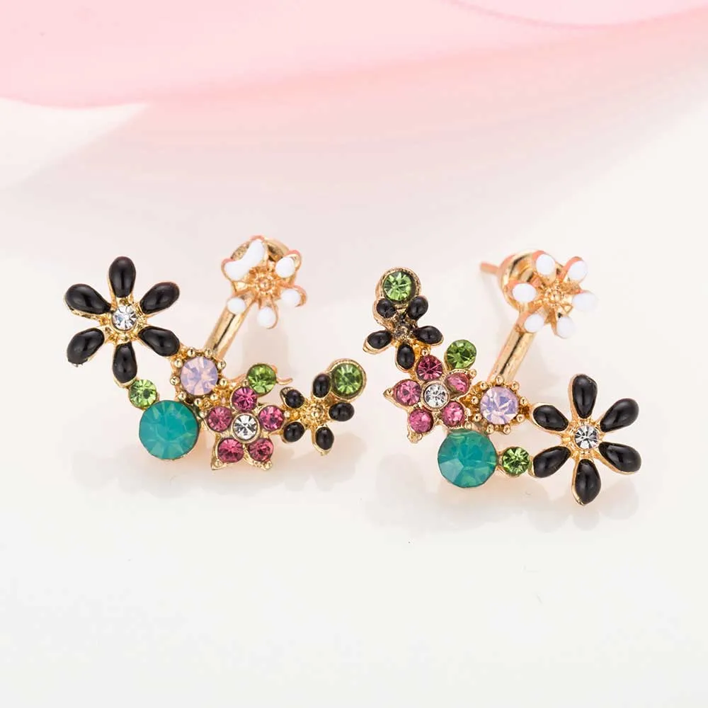 Enamel Flowers & Crystal Ear Jacket Style Stud Earrings - 3 Colors