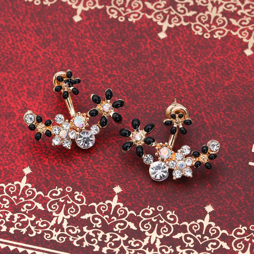 Enamel Flowers & Crystal Ear Jacket Style Stud Earrings - 3 Colors