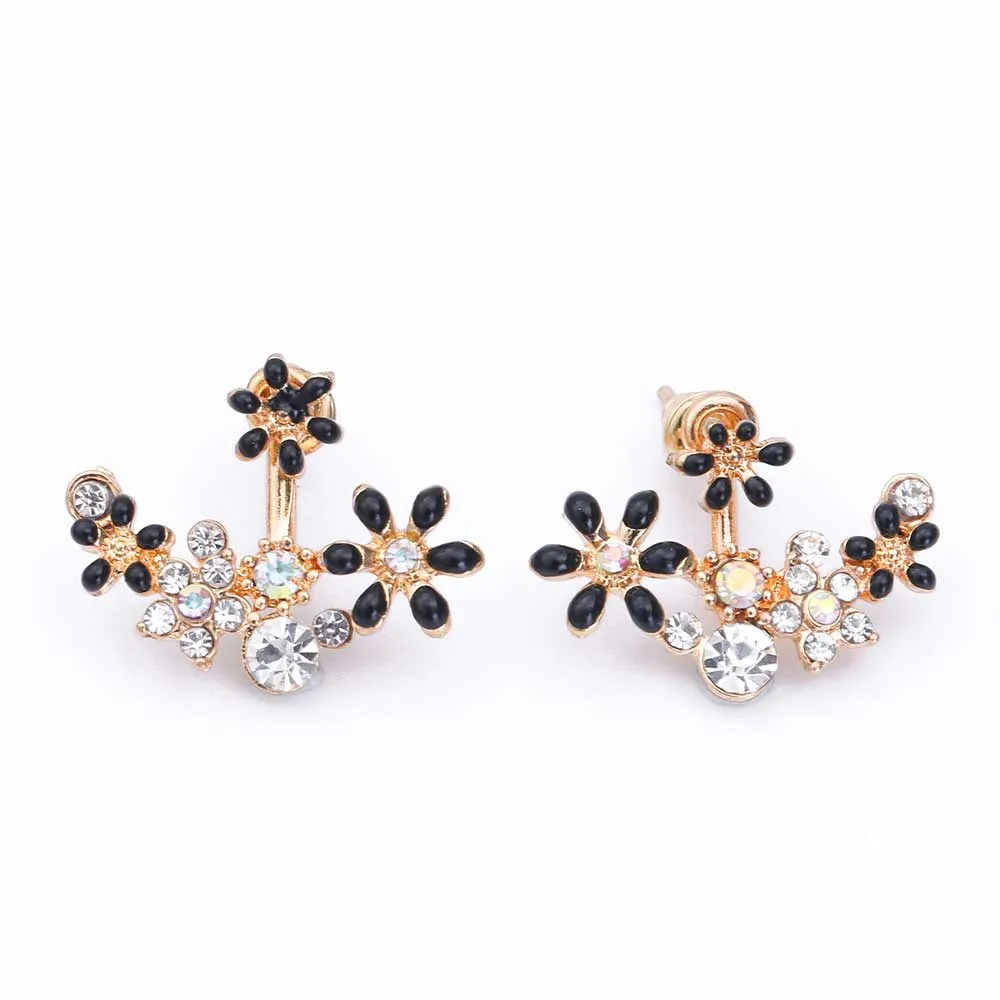 Enamel Flowers & Crystal Ear Jacket Style Stud Earrings - 3 Colors