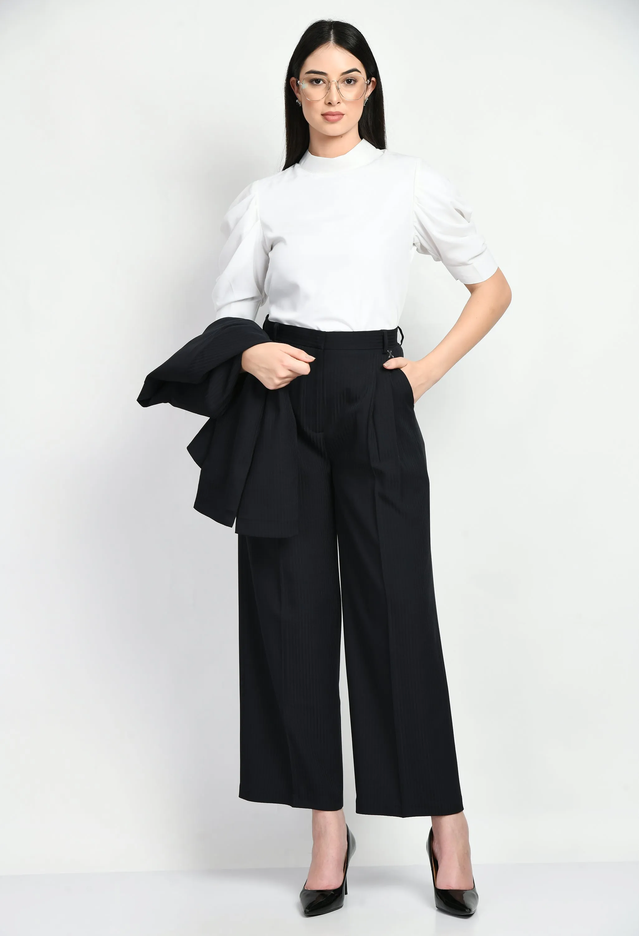 Exude Focus Striped Short Blazer Wide Leg Pant Suit (Navy)