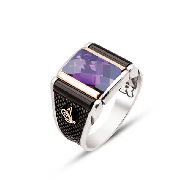 Facet Cut Amethyst Stone with Two Onyx Cylinders Square Silver Men’s Ring Siding Ottoman Tughra