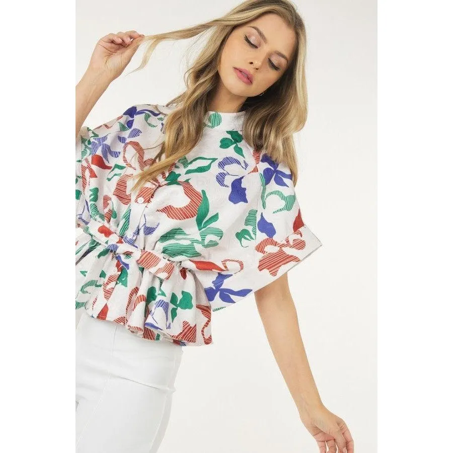 Floral Print Short Sleeve Top With Waist Tie