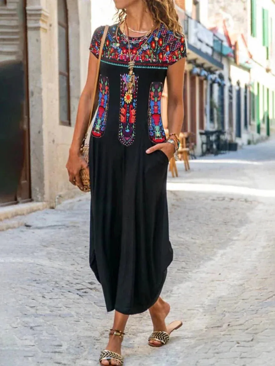 Floral Tribal Retro Vintage Maxi Dress with V-Neck and Short Sleeves