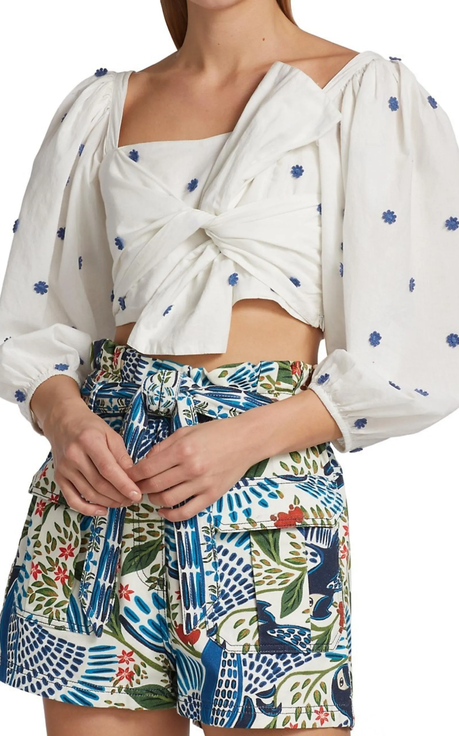 Flower-Embroidered Cotton Crop Top