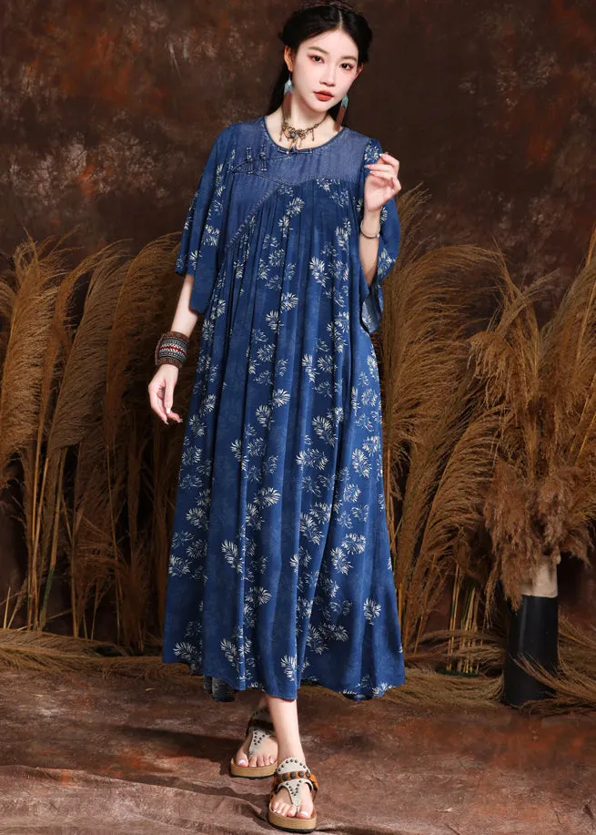 French Blue Print Wrinkled Denim Long Dress Half Sleeve MN066