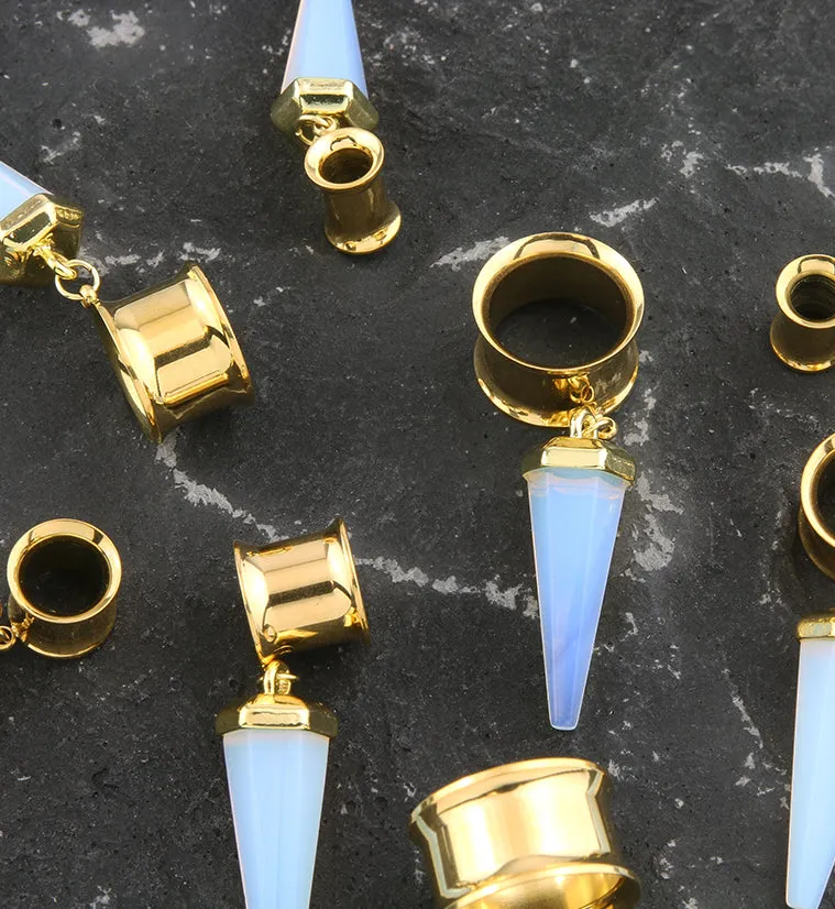 Gold PVD White Opalite Cone Crystal Dangle Stainless Steel Tunnel Plugs