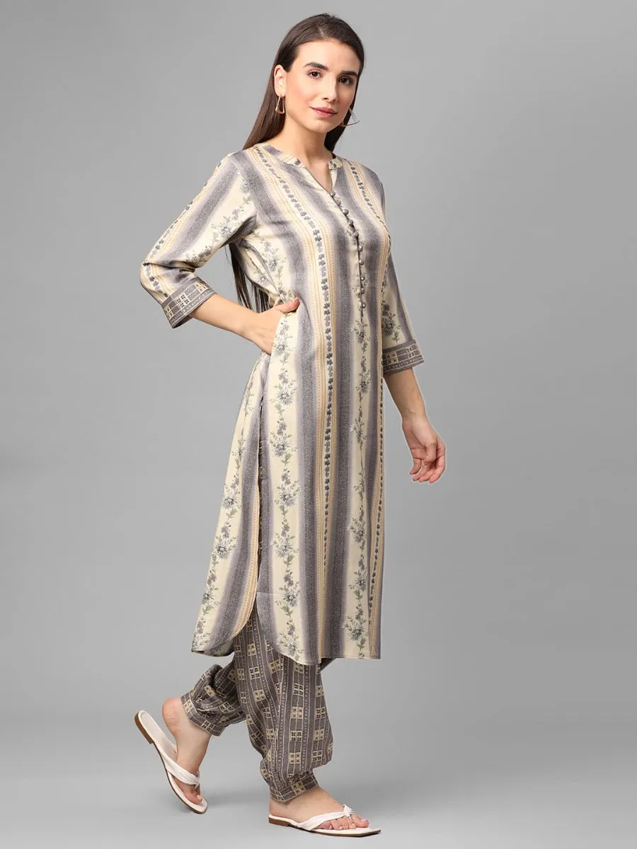 Grey Floral Printed Kurta With Harem Pant