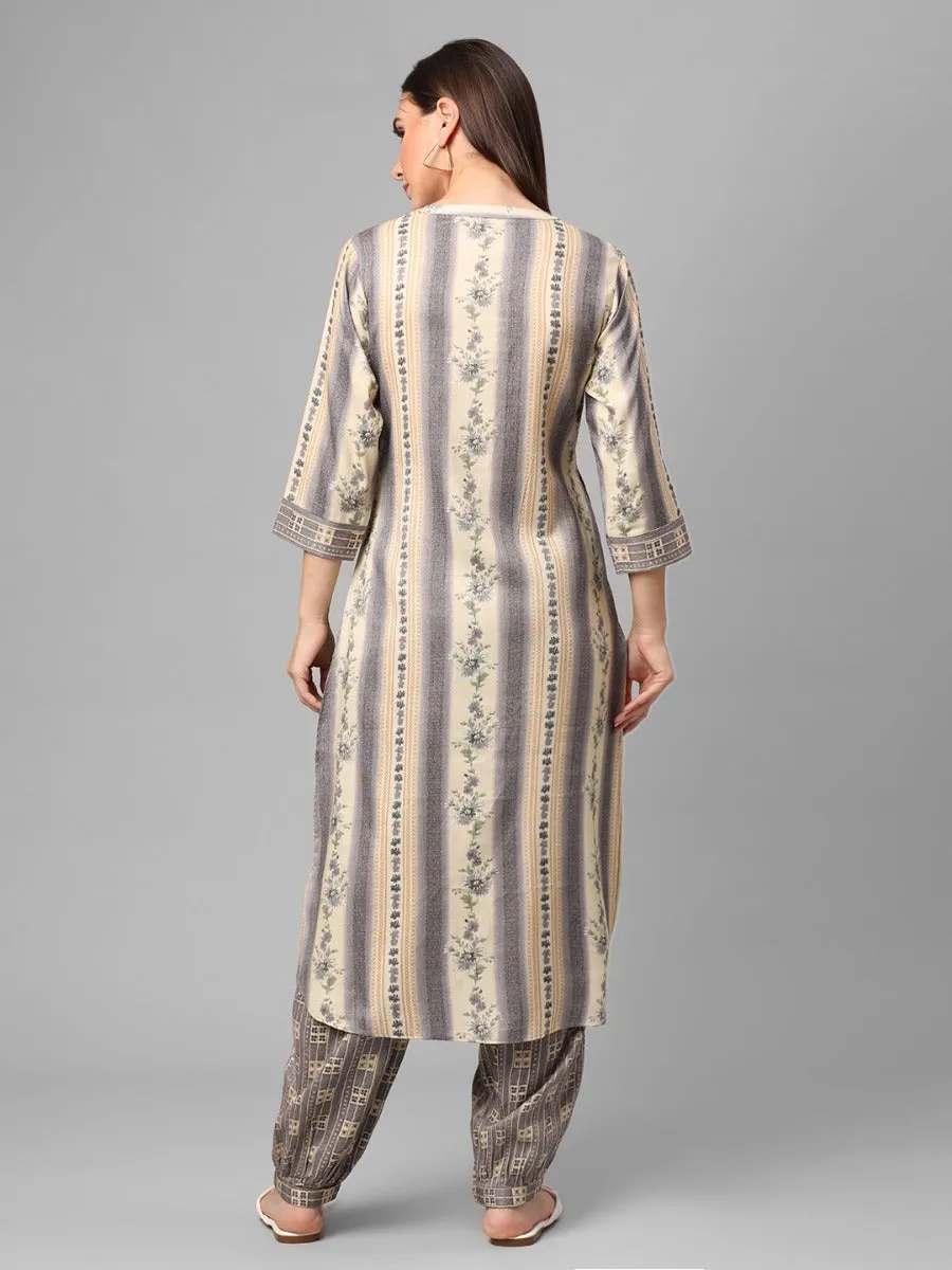 Grey Floral Printed Kurta With Harem Pant