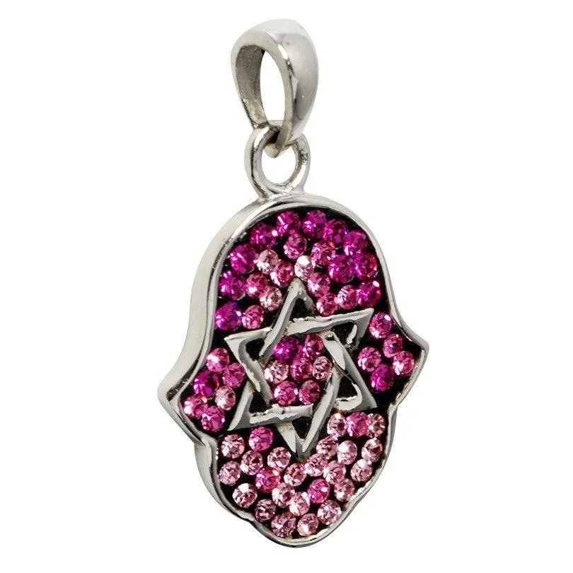 Hamsa Silver Pendant With Pink Gemstones   925 Sterling Silver Chain #14