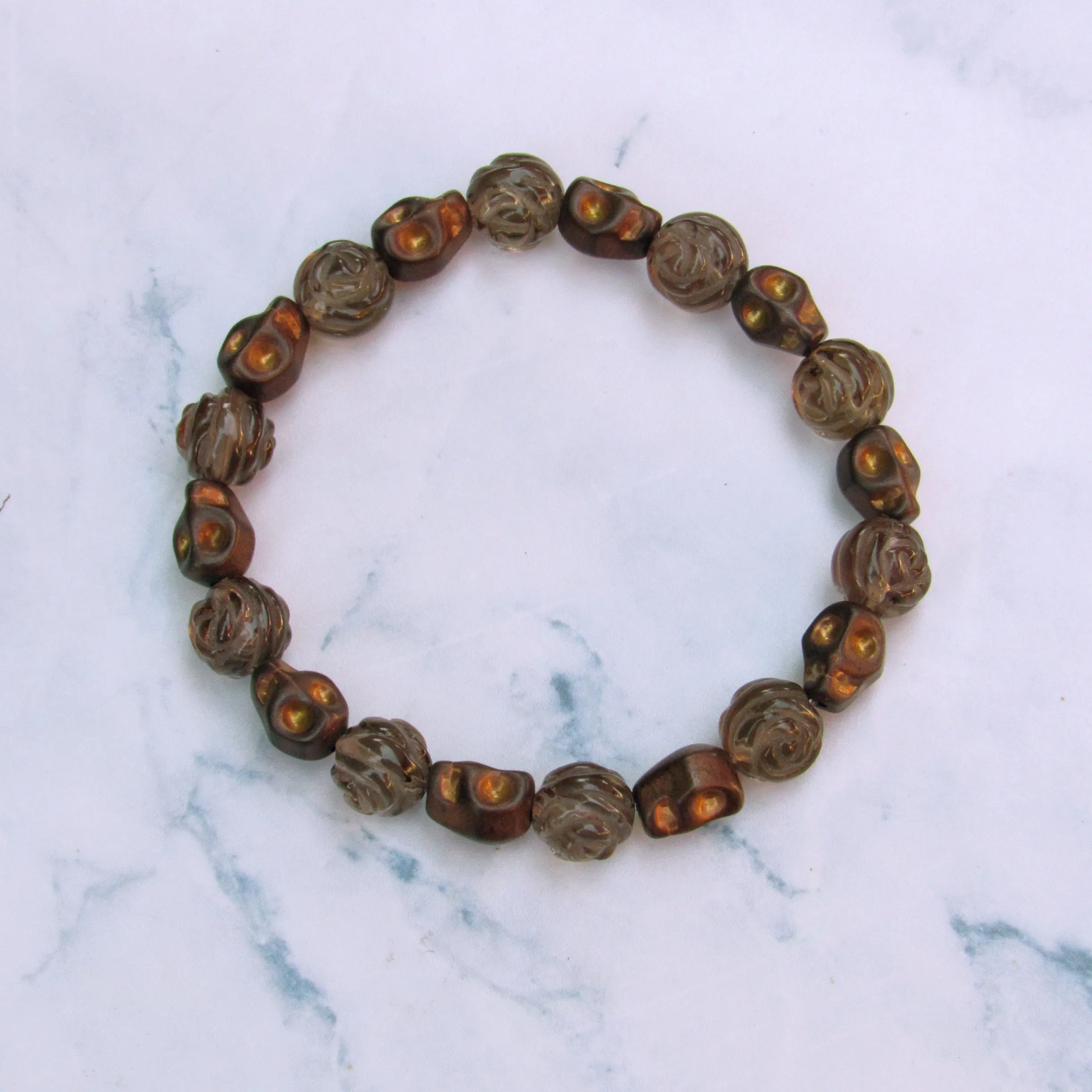 Hematite Skull and Smokey Quartz Rose Bracelet