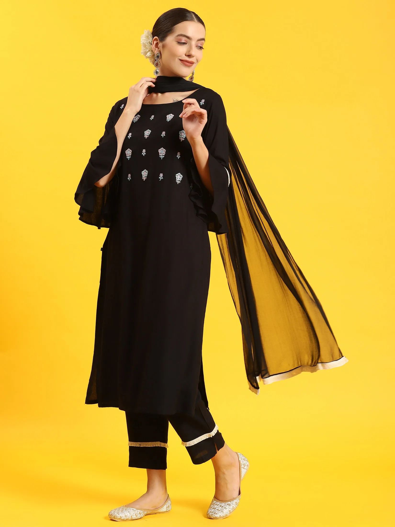 Indiessence Women Black Embroidered Kurta Trouser Dupatta