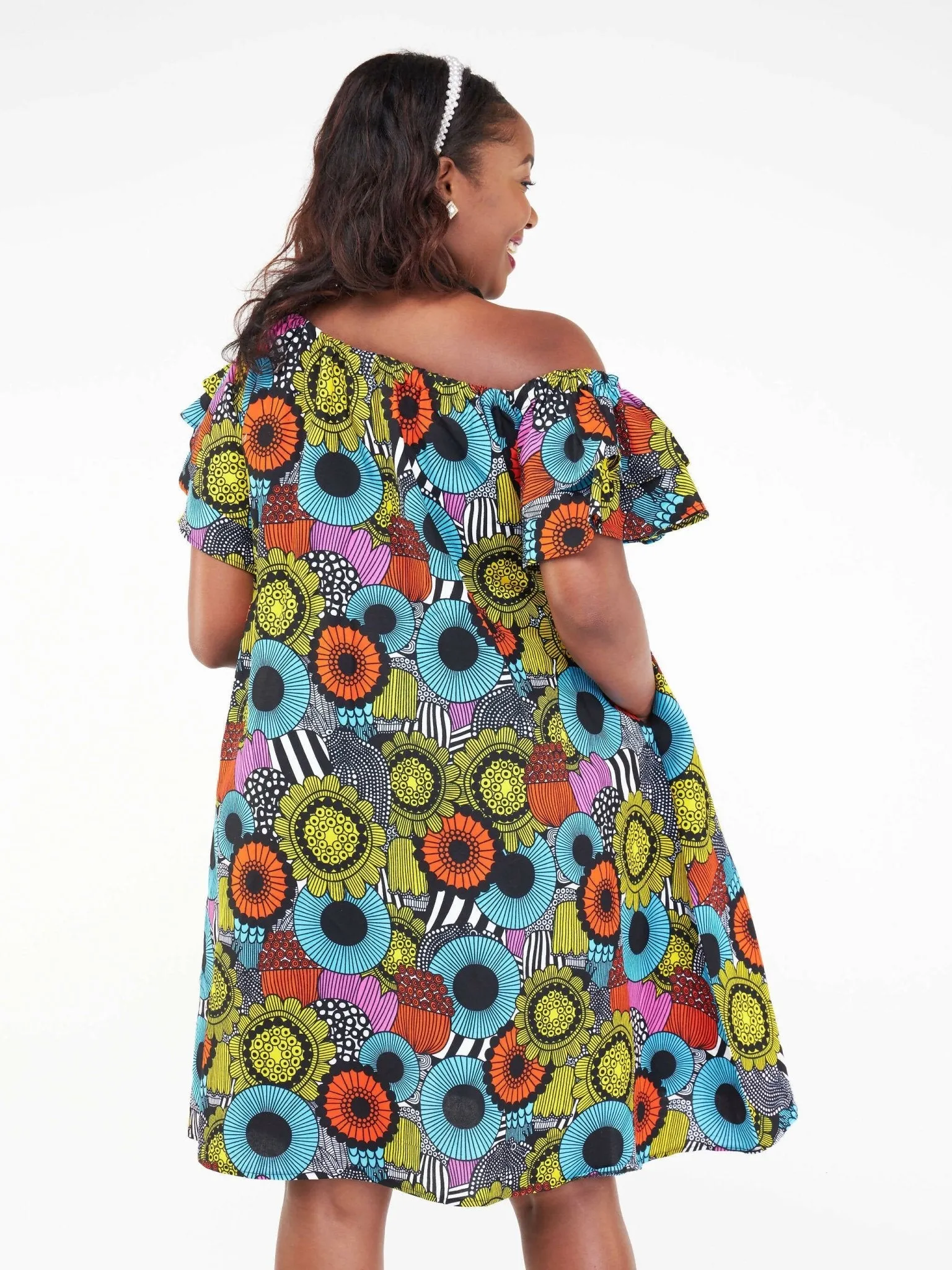 Izulu Amali Off Shoulder Dress - Blue Print