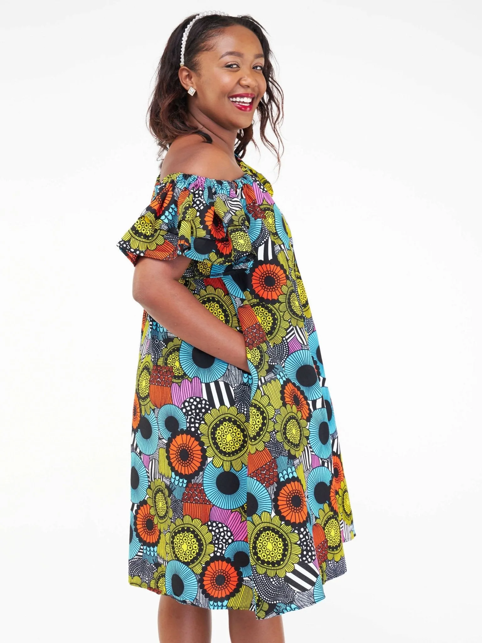 Izulu Amali Off Shoulder Dress - Blue Print