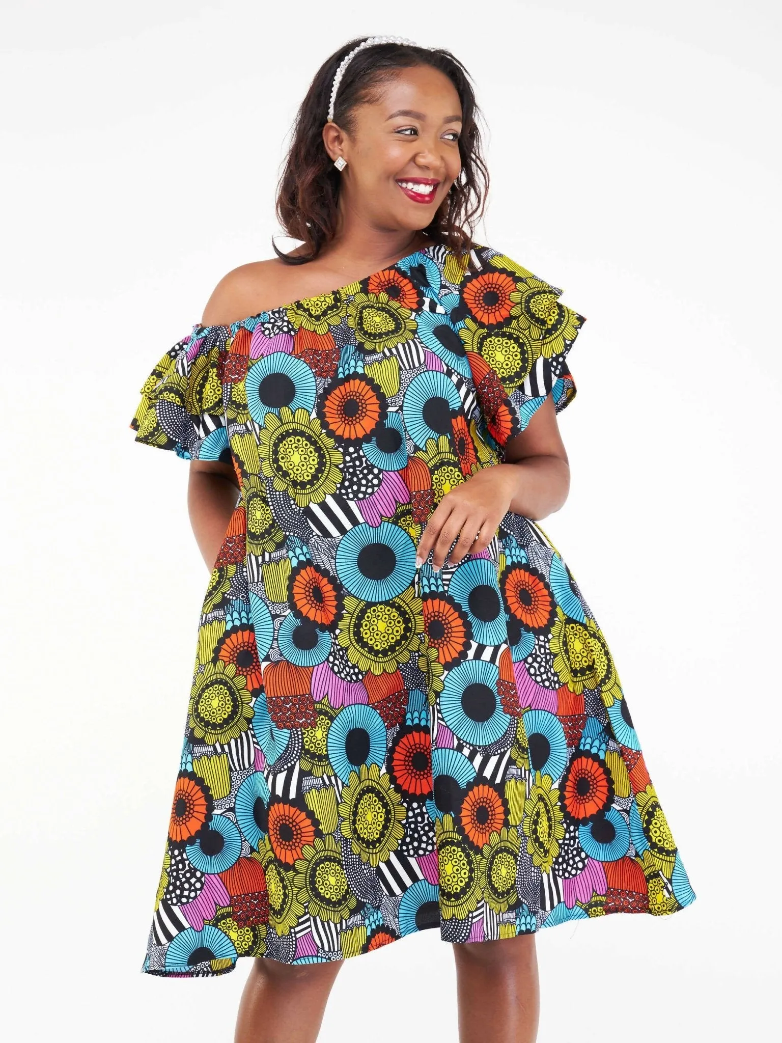 Izulu Amali Off Shoulder Dress - Blue Print