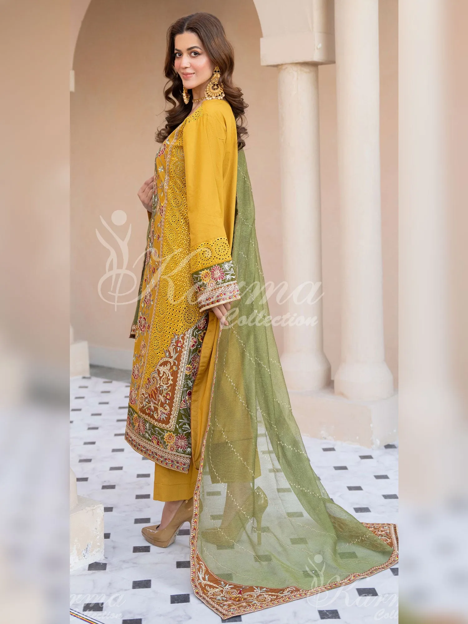 Karma Collection "Naqsh" Mustard Cotton Embroidered Suit (KC1356)