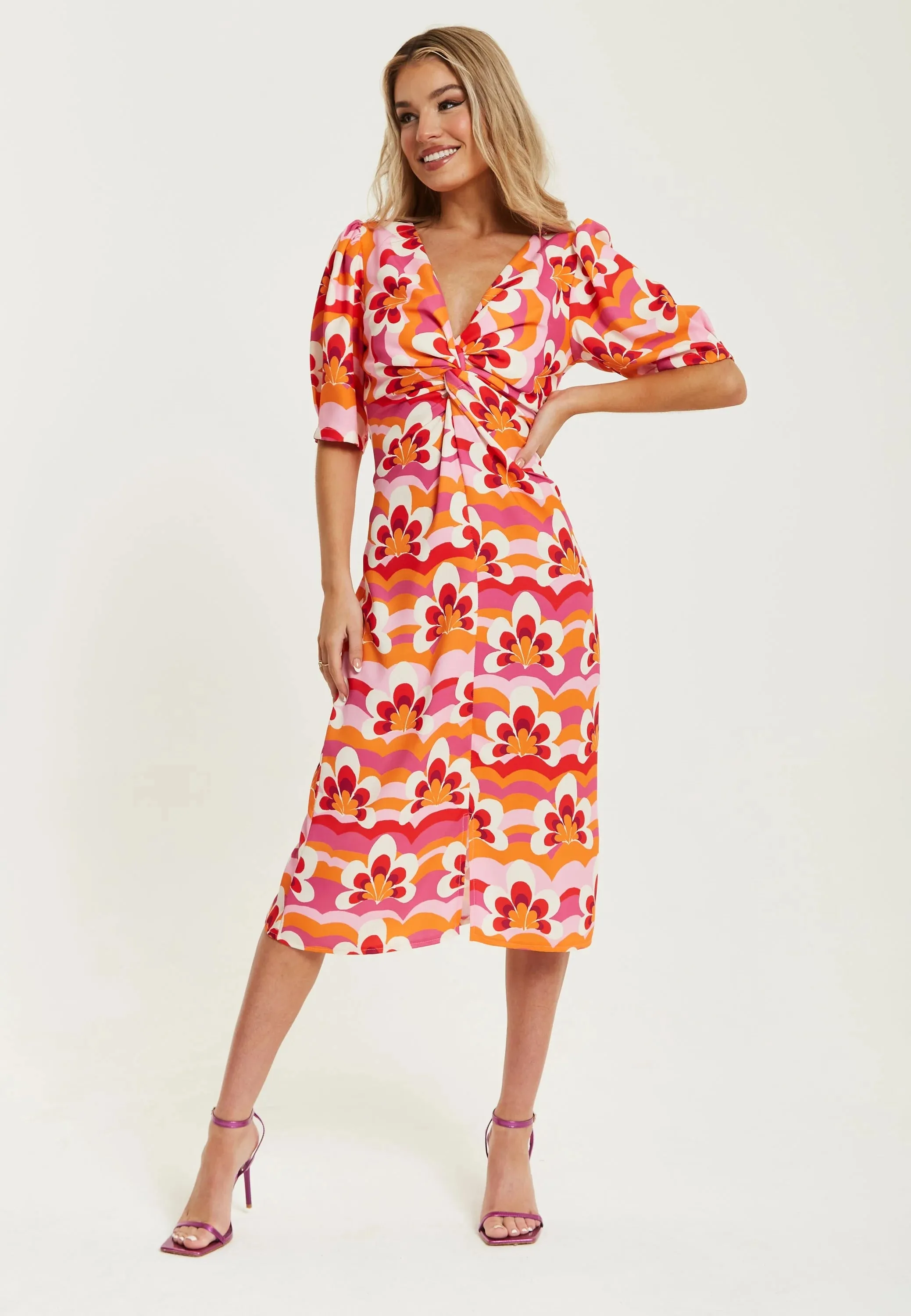 Liquorish Floral Knot Front Midi Dress In Orange And Pink