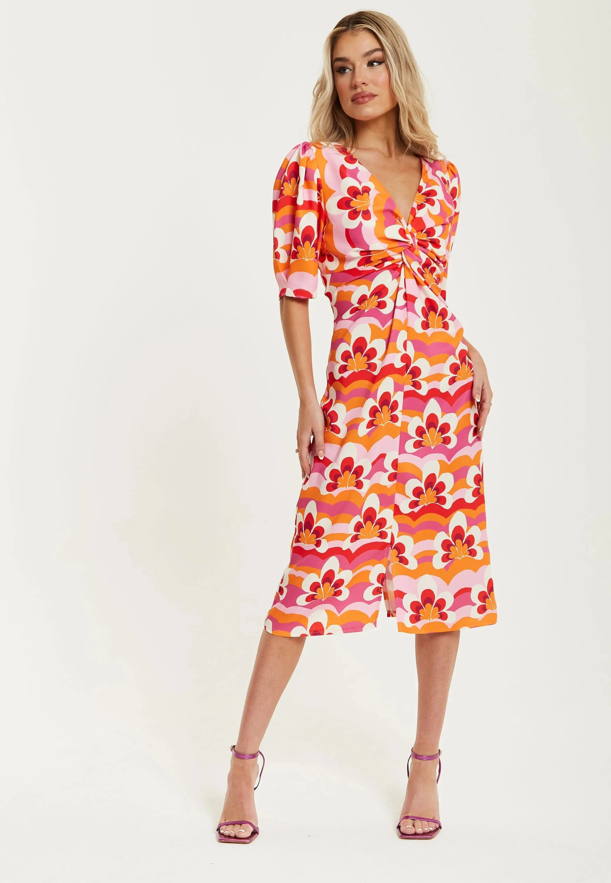 Liquorish Floral Knot Front Midi Dress In Orange And Pink