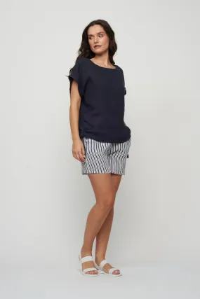 LOOSE LINEN SHORTS (NAVY STRIPE) - PISTACHE