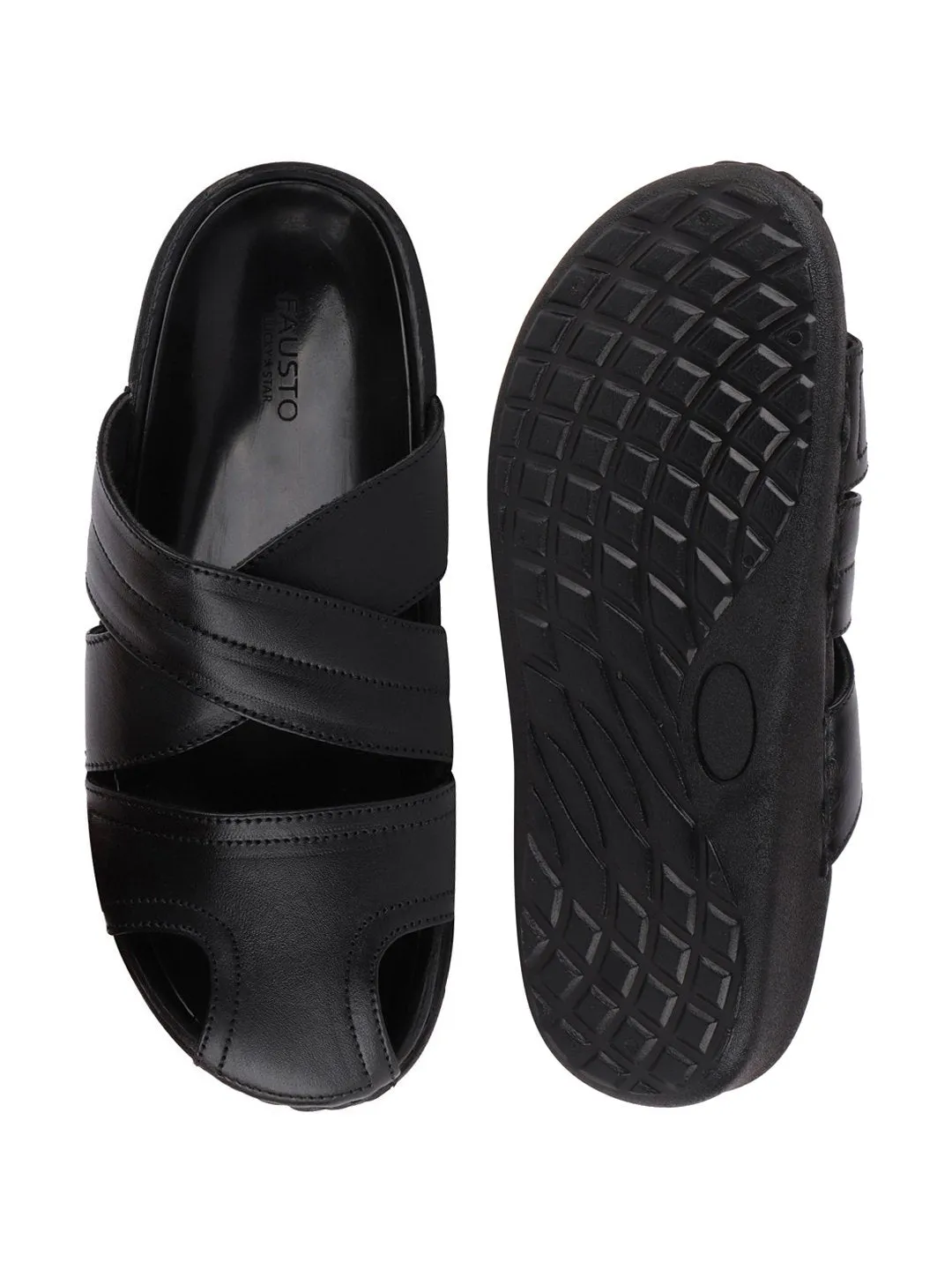 Men Black Formal Leather Slip-On Flat Sandals