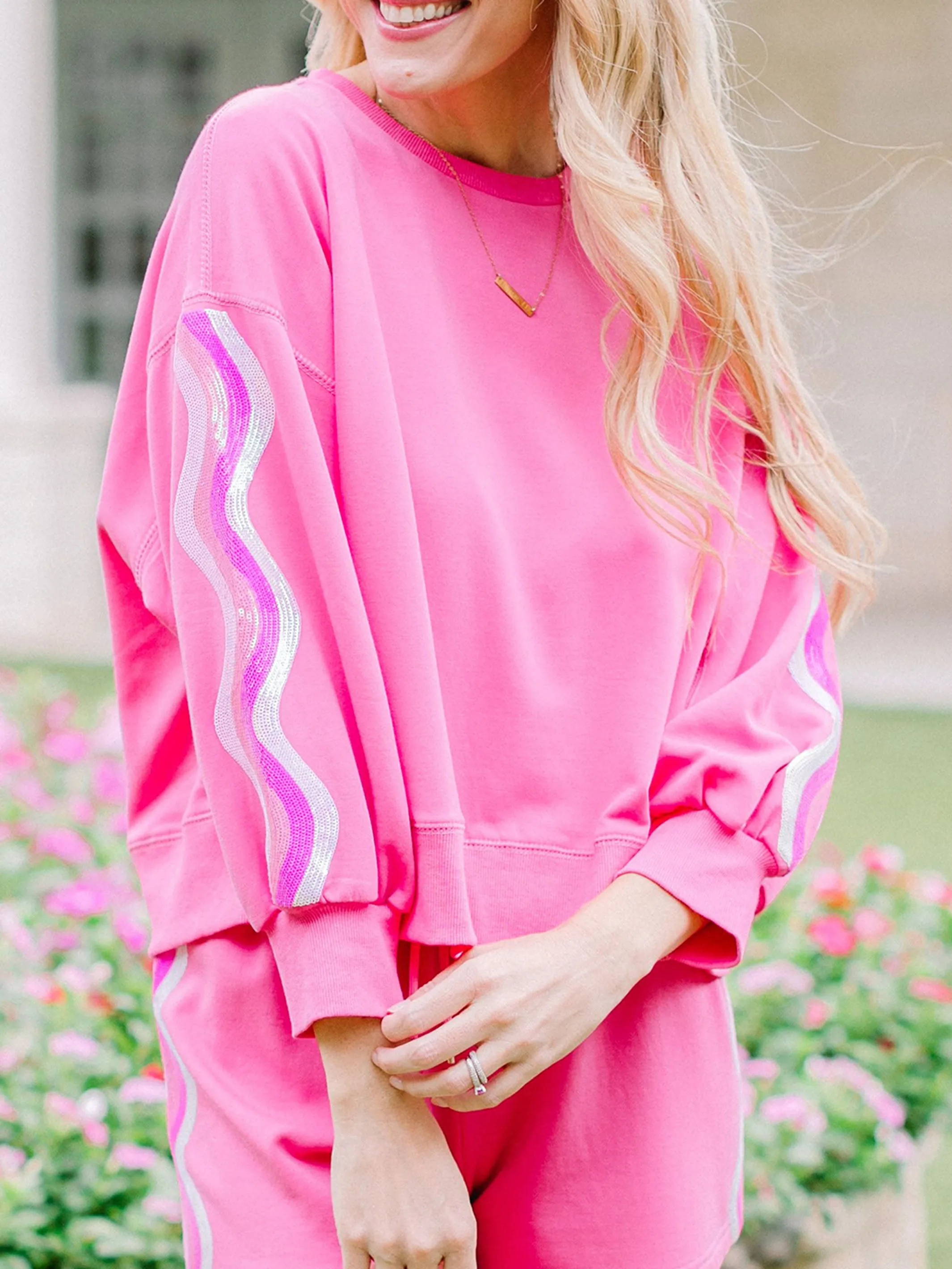 Millie Sweatshirt | Sequin Wavy Stripes Pink