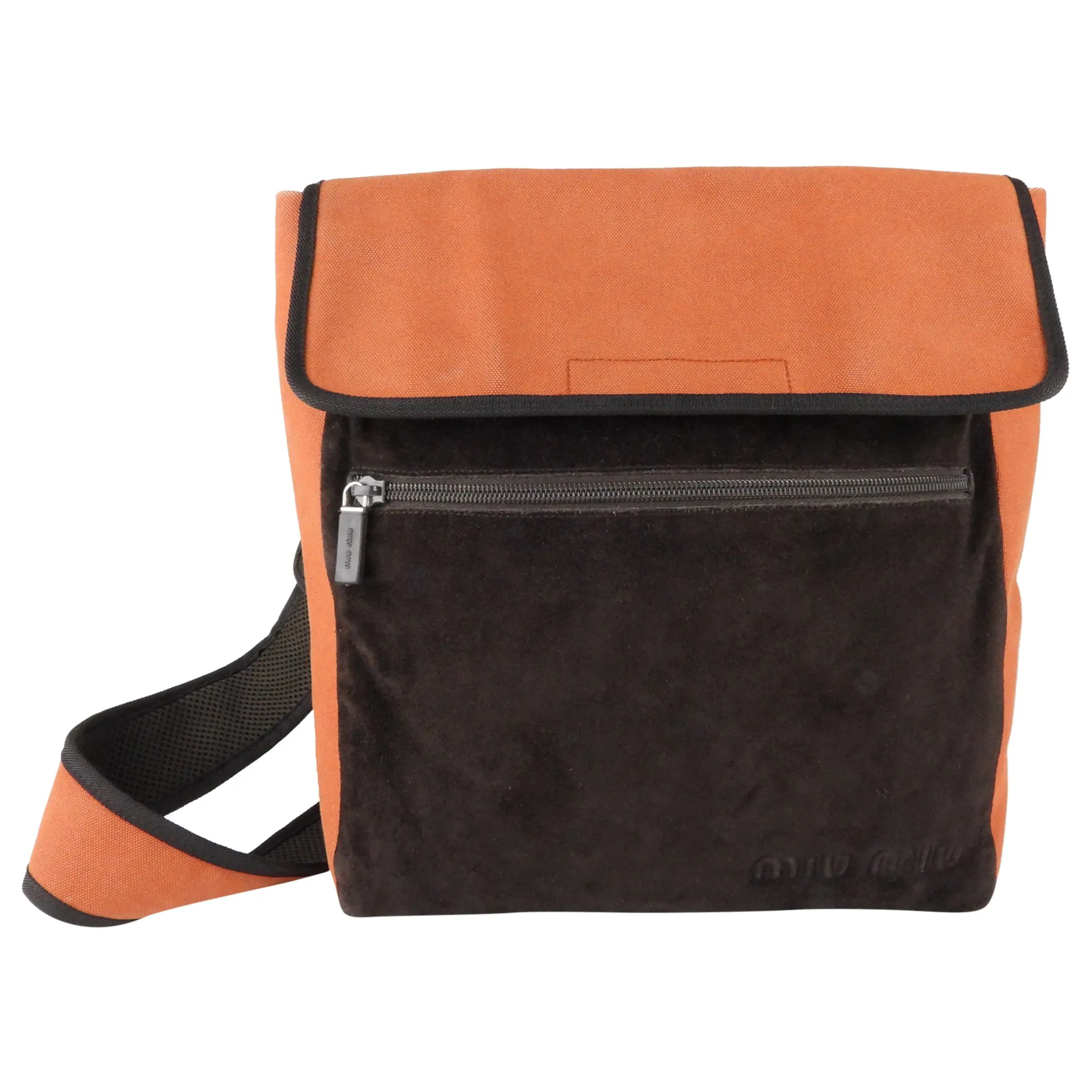 Miu Miu 1999 Vintage Brown Suede and Orange Nylon Shoulder Bag