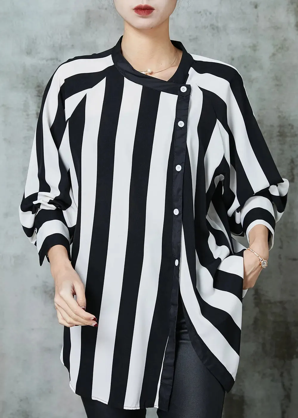 Natural Black Asymmetrical Striped Chiffon Top Spring JK1067