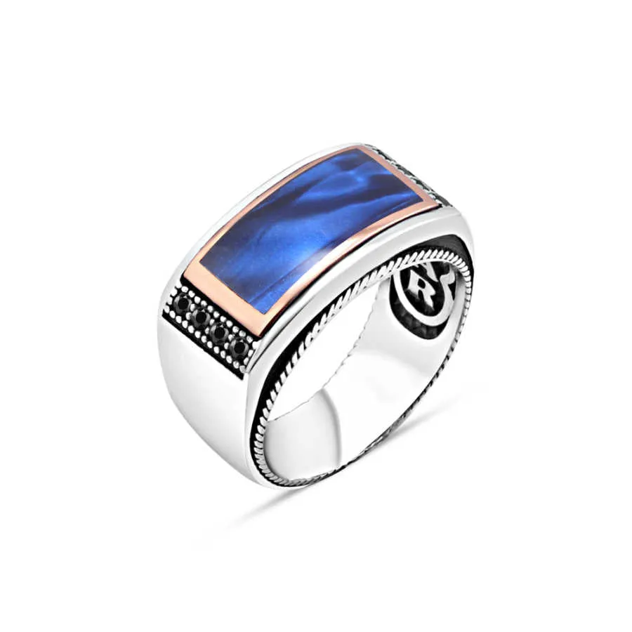 Navy Blue Enamel with Zircon Stones Curved Silver Men's Ring