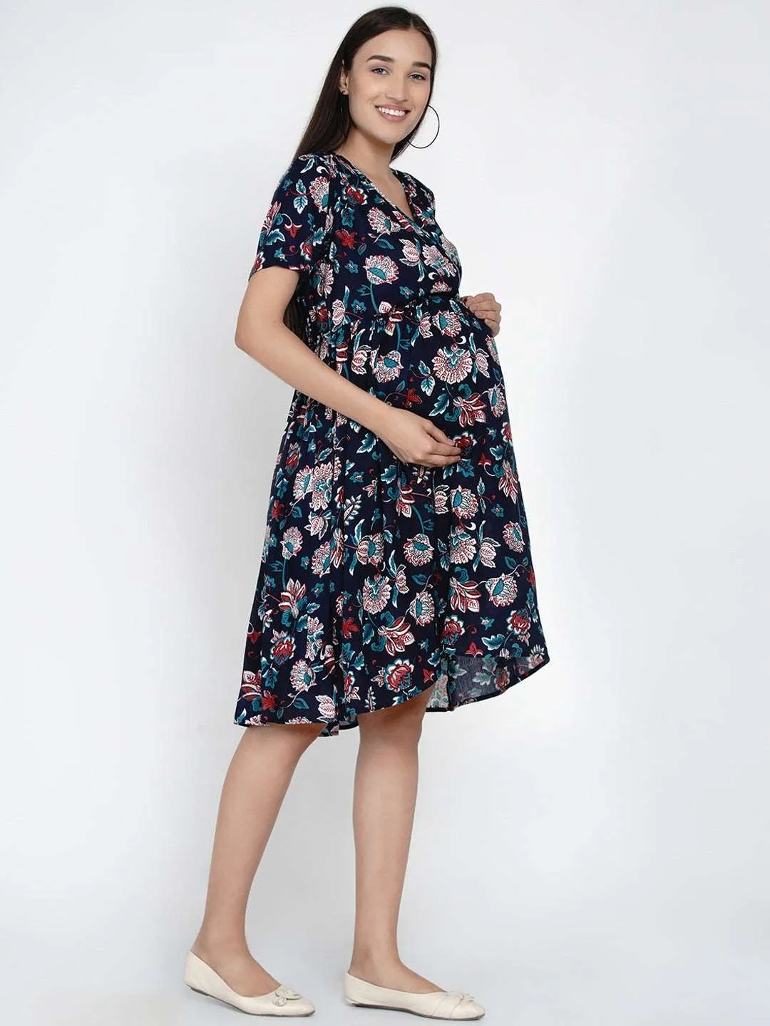 Navy Blue Floral Print Mini Maternity and Nursing Dress