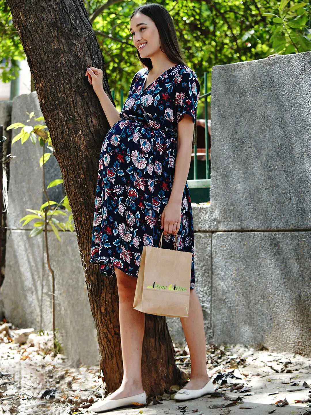 Navy Blue Floral Print Mini Maternity and Nursing Dress