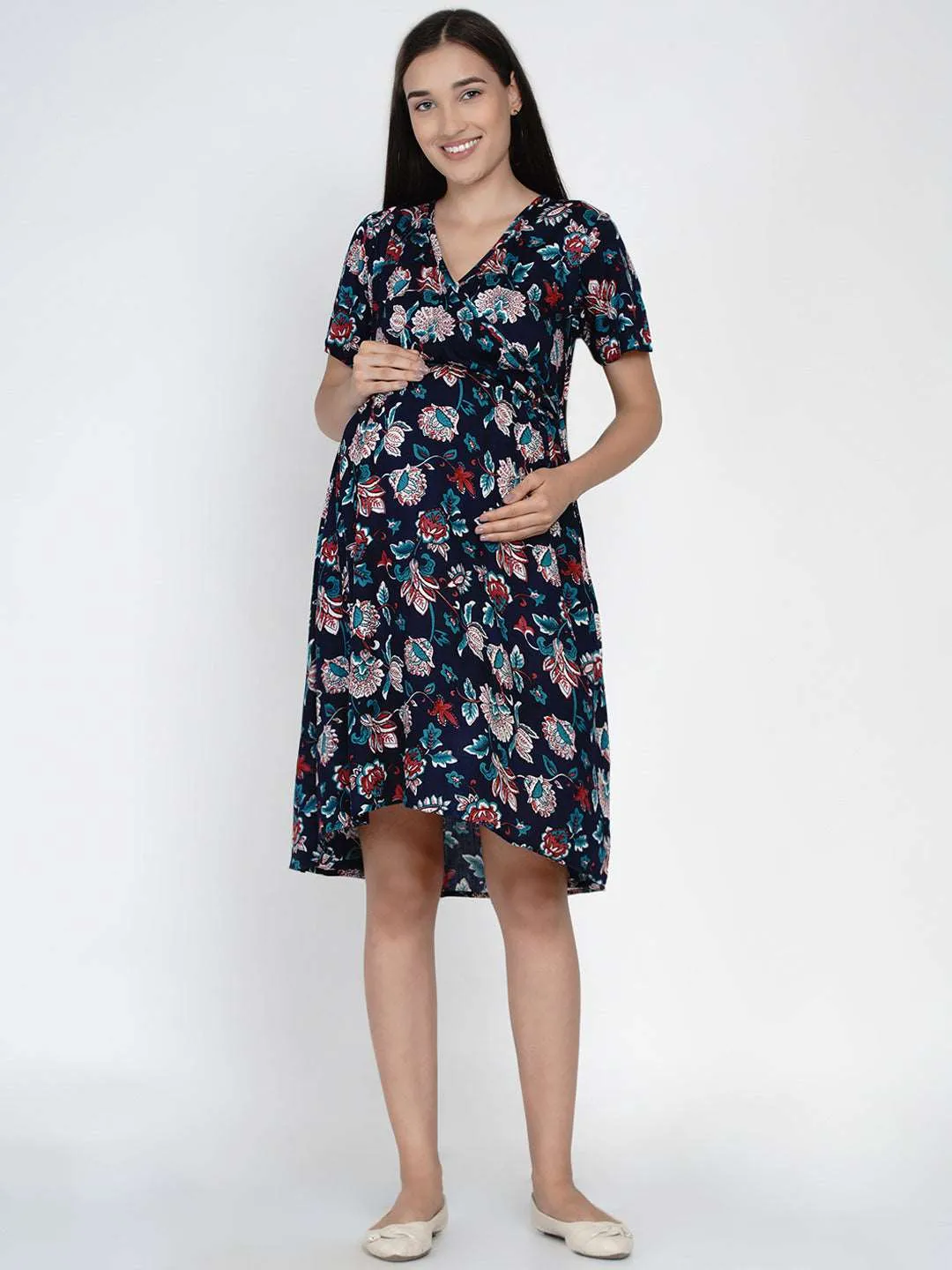 Navy Blue Floral Print Mini Maternity and Nursing Dress