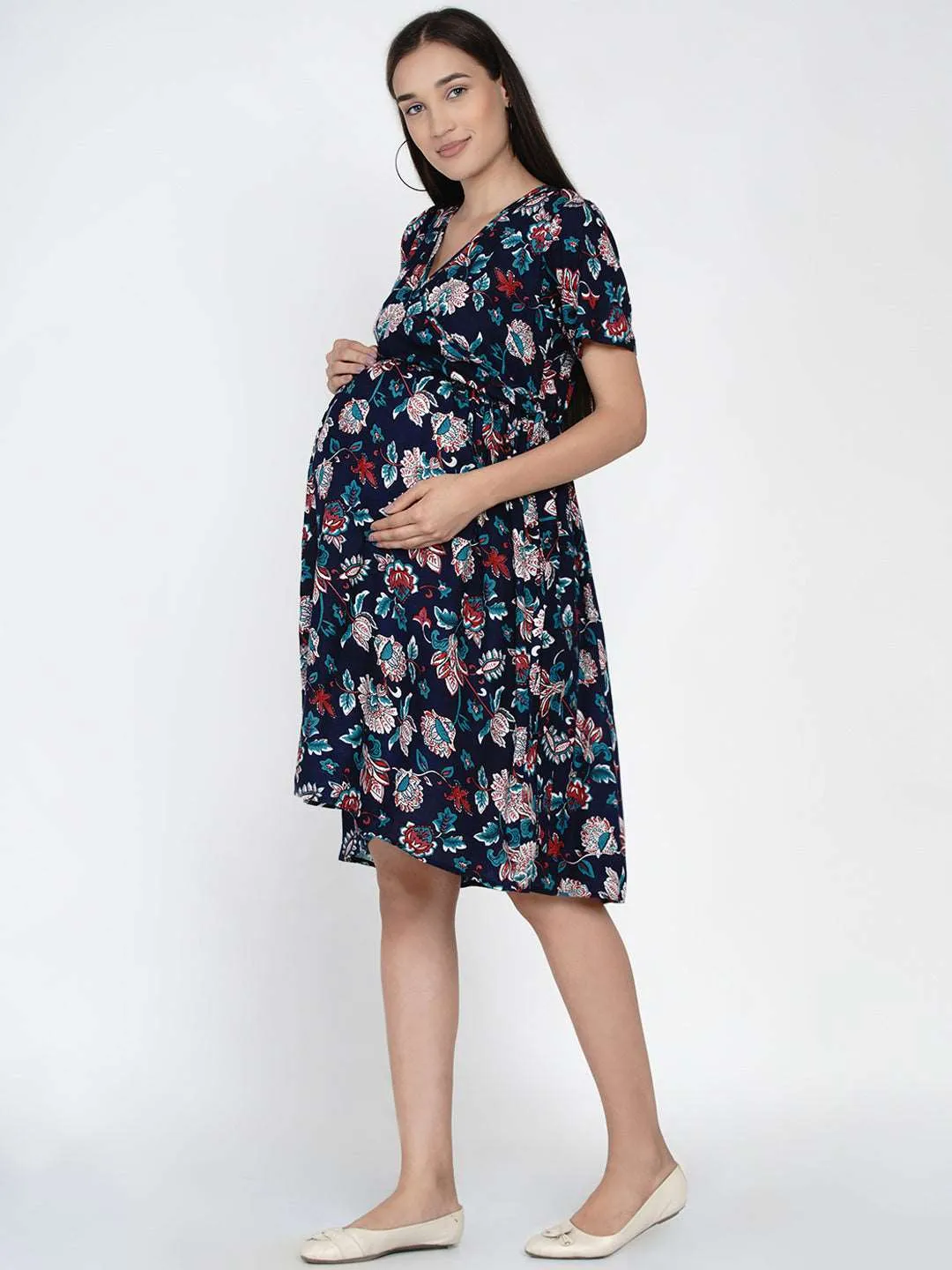 Navy Blue Floral Print Mini Maternity and Nursing Dress