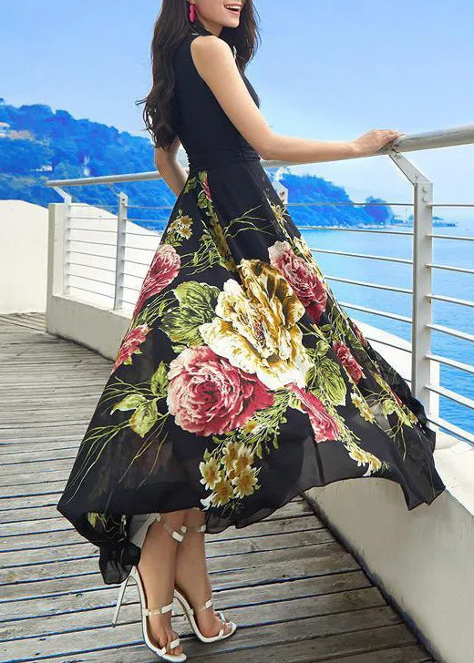 New Black V Neck Print Chiffon Long Dresses Sleeveless AS1042